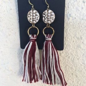 Red and white tassel earrings